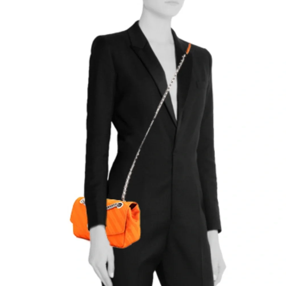 NEW Auth Balenciaga B Bag Satin Jacquard logo ribbon Orange Shoulder Bag COA